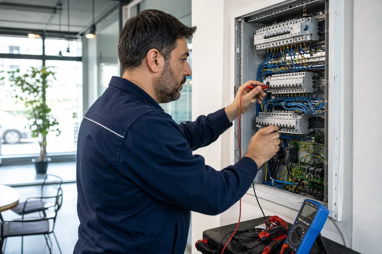 Elektrik ustası bir dairede sigorta panosunu kuruyor