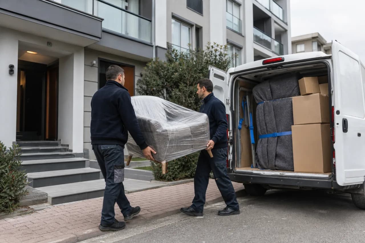 İki nakliyat görevlisi paketlenmiş eşyayı beyaz panelvana yüklüyor