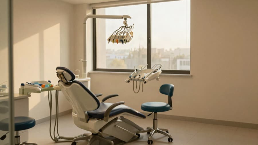 Camdan gün ışığı alan ferah bir diş kliniği muayene odası