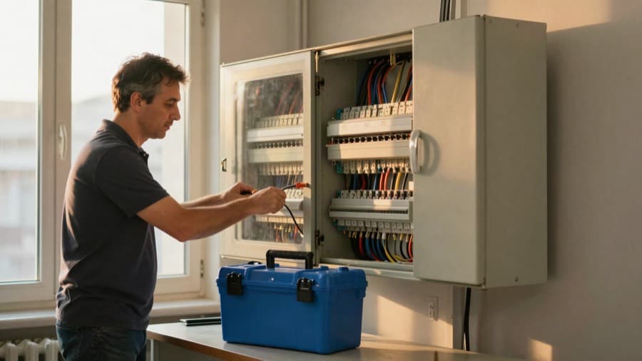Elektrik ustası bir dairede sigorta panosunu kuruyor
