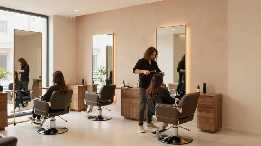 Aydınlık bir kuaför salonunda müşterinin saçını şekillendiren kuaför