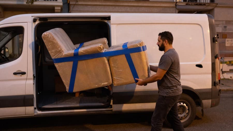 İki nakliyat görevlisi paketlenmiş eşyayı beyaz panelvana yüklüyor