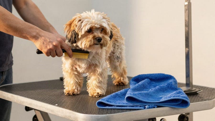 Bakım masasında küçük bir köpeği tarayan pet kuaförü