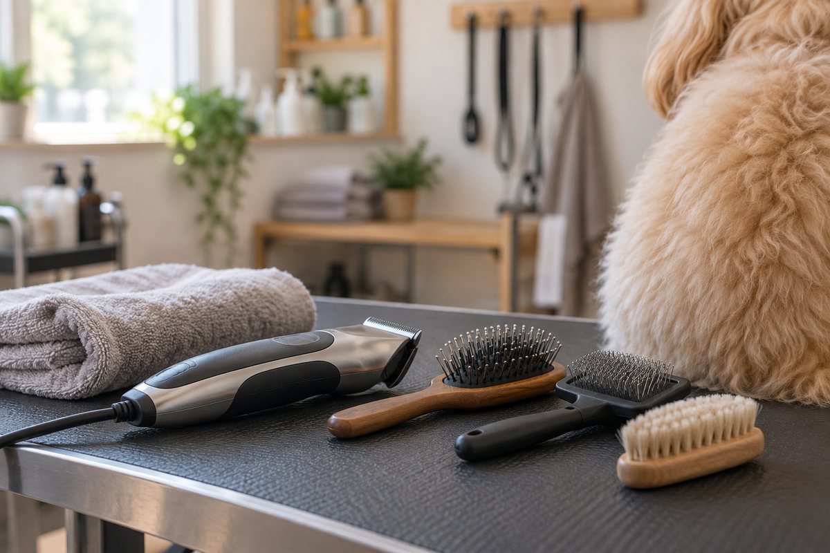 Grooming table, bath and drying area in the salon