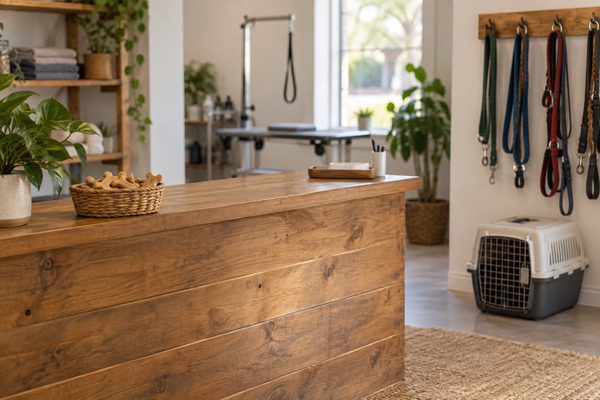 Grooming salon entrance with tub and waiting bench