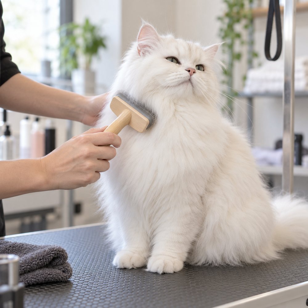 Cat on a grooming table being brushed