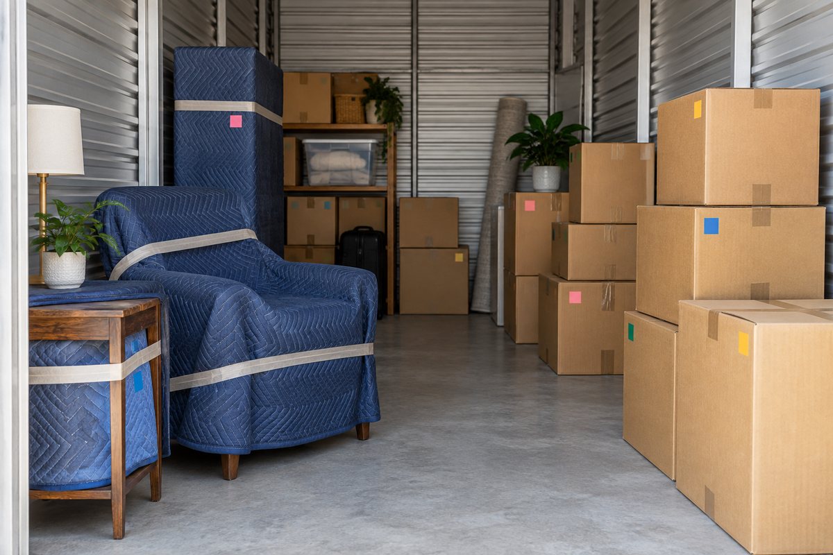 Removal crew's closed-body van and stacked boxes at a house entrance