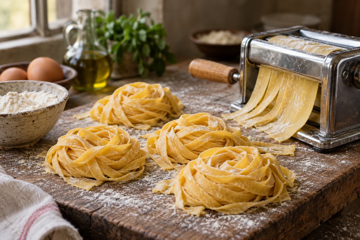 Fresh tagliatelle and ravioli on a wooden board