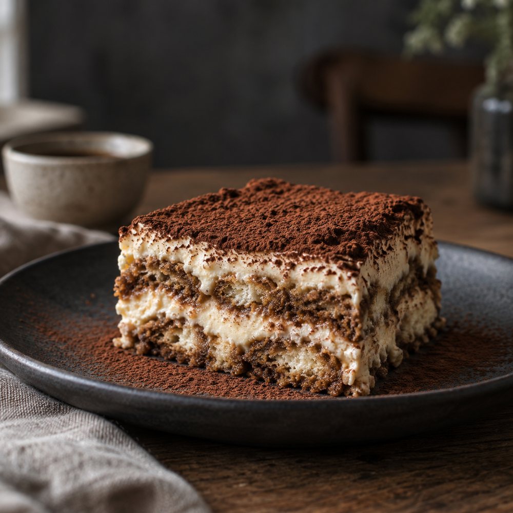 Tiramisu in a glass with cocoa on top